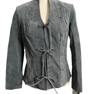 Carlos Falchi Gray Leather Jacket Structured Tie-Front